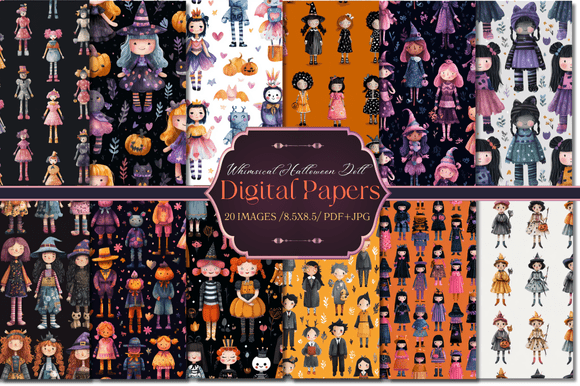 Download Whimsical Halloween Doll Digital Papers - Halloween doll Collection